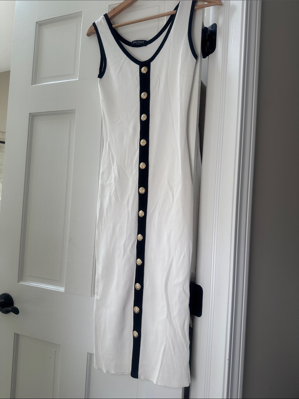Balmain White Midi Tank Dress with Black Trim and Gold Buttons